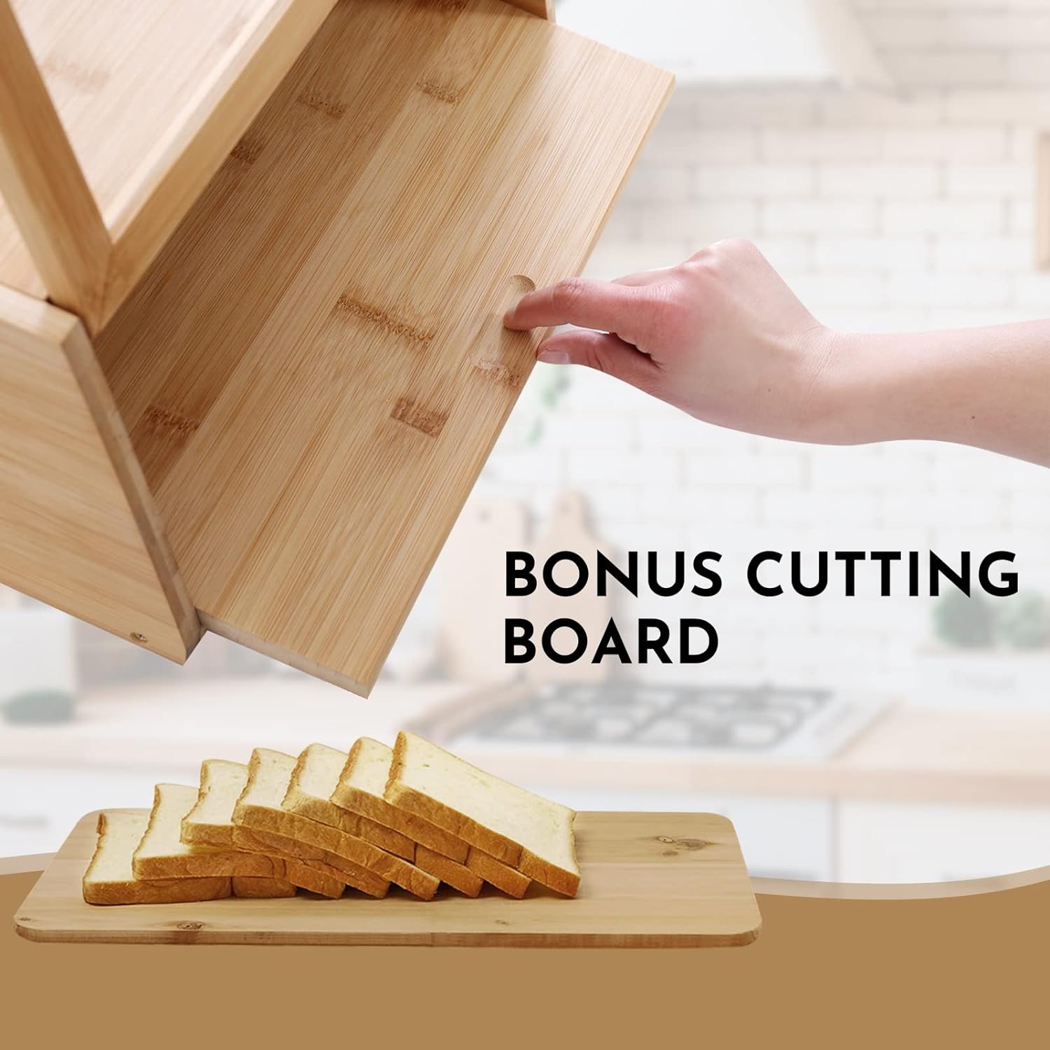 WELLAND Bamboo Bread Box for Kitchen Countertop, Large Capacity Storage Container with Clear Window for Loaf, Sandwich, Muffins etc, Bonus Cutting Board, Natural