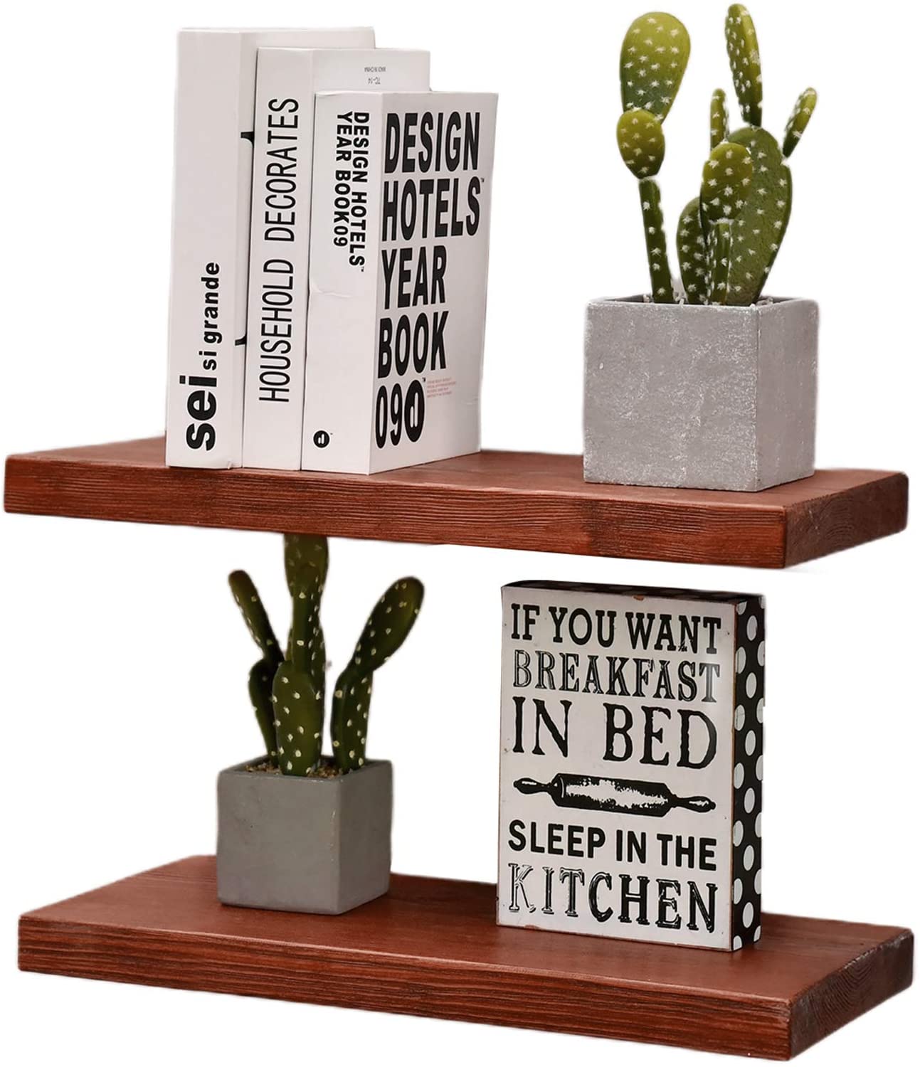 WELLAND Rustic Pine Wood Floating Shelves Wall Mounted Shelf, Set of 2, 8