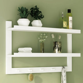 WELLAND 2-Tiers Entryway Floating Shelf Wall Hanging Shelf Wall-Mounted Coat Rack Shelf with 5 Hooks, 29"L x 4.7"W x 16"H, White