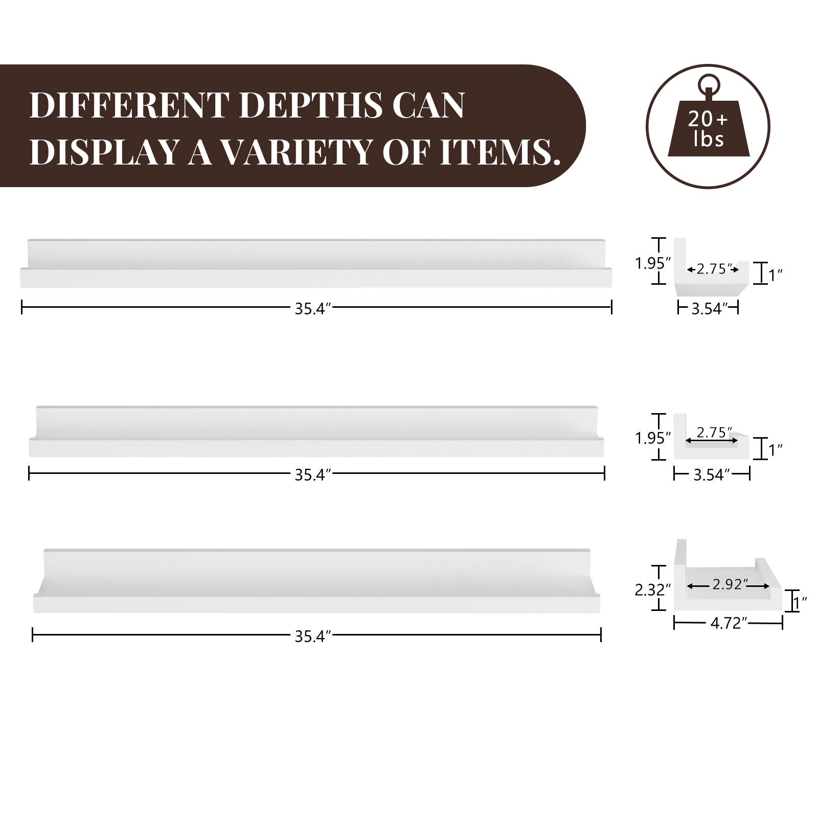 WELLAND Vista Photo Ledge Floating Shelves Picture Ledge Wall Mounted Shelf Display, Set of 3, 2pcs -35.43