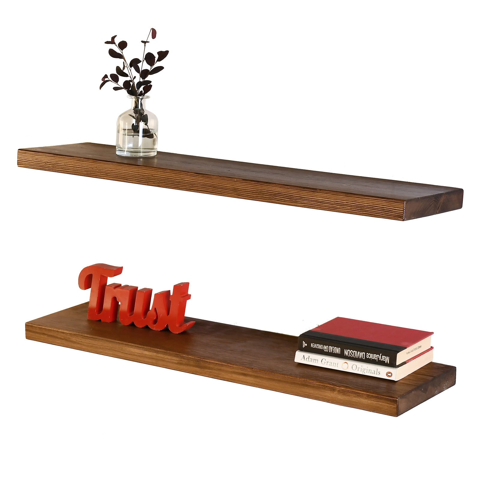WELLAND Rustic Pine Wood Floating Shelves Wall Mounted Shelf, Set of 2, 8