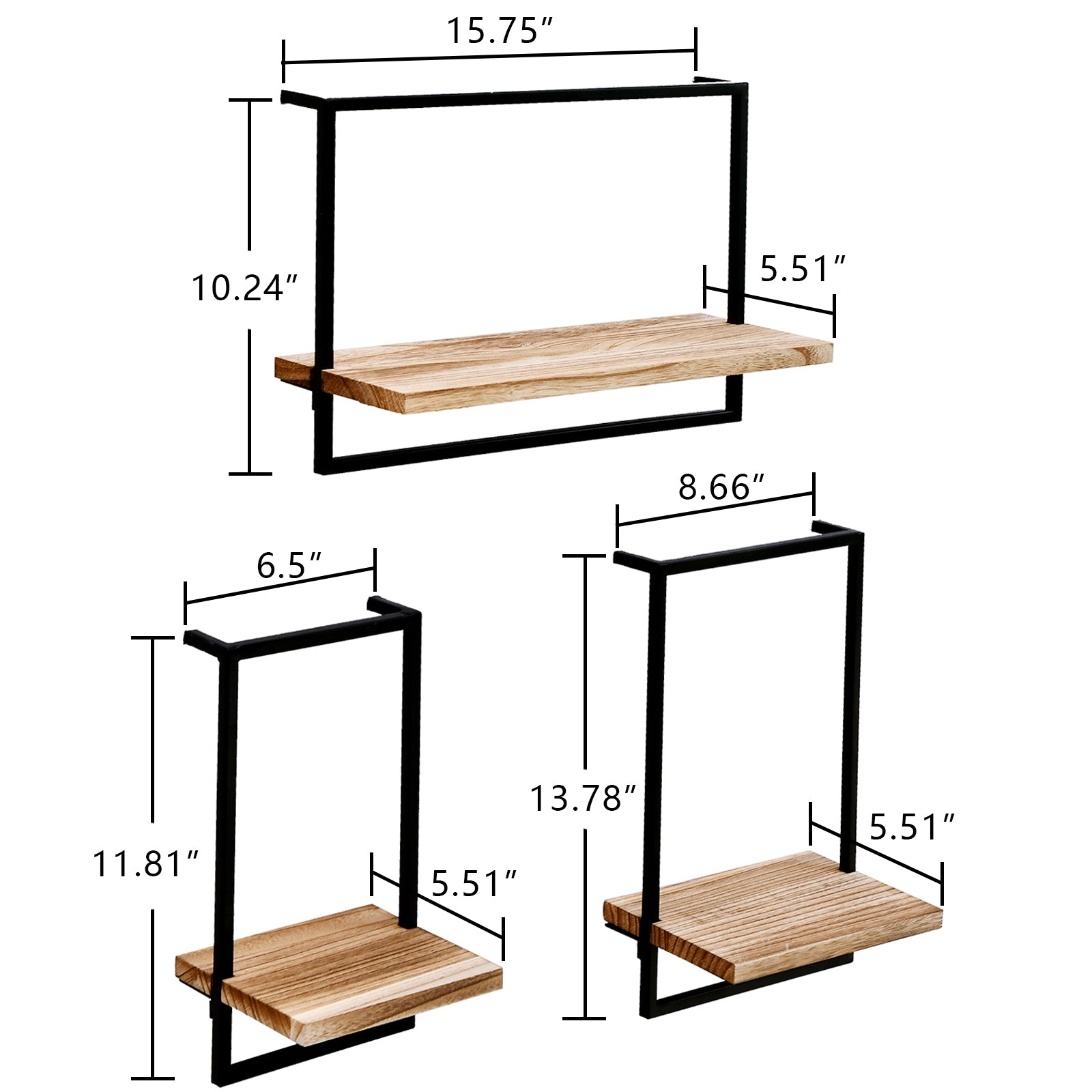 WELLAND 5.5'' Modern Natural Solid Wood Floating Shelves with Metal Frame Wall Mounted Shelf Display, Set of 3 (16