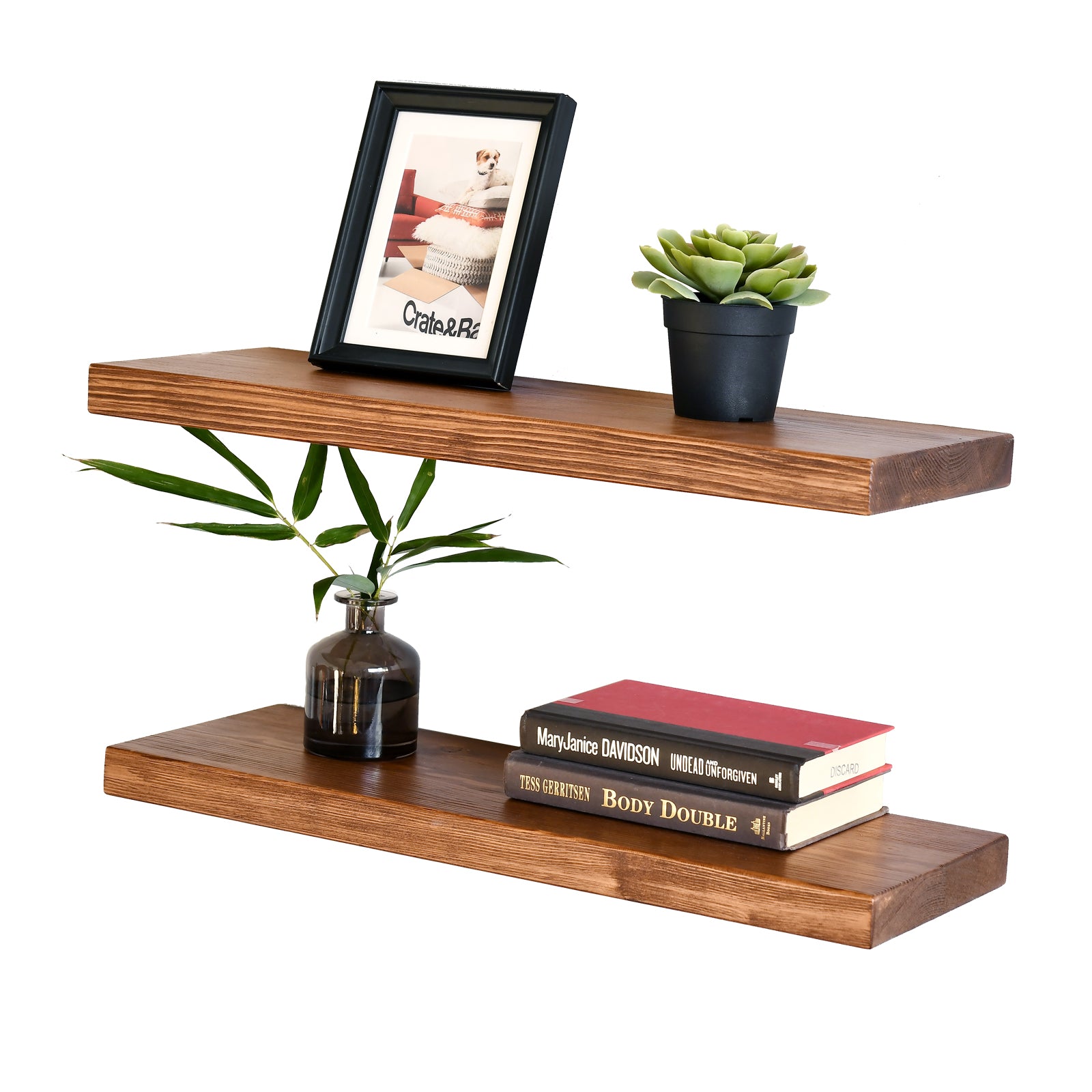 WELLAND Rustic Pine Wood Floating Shelves Wall Mounted Shelf, Set of 2, 8
