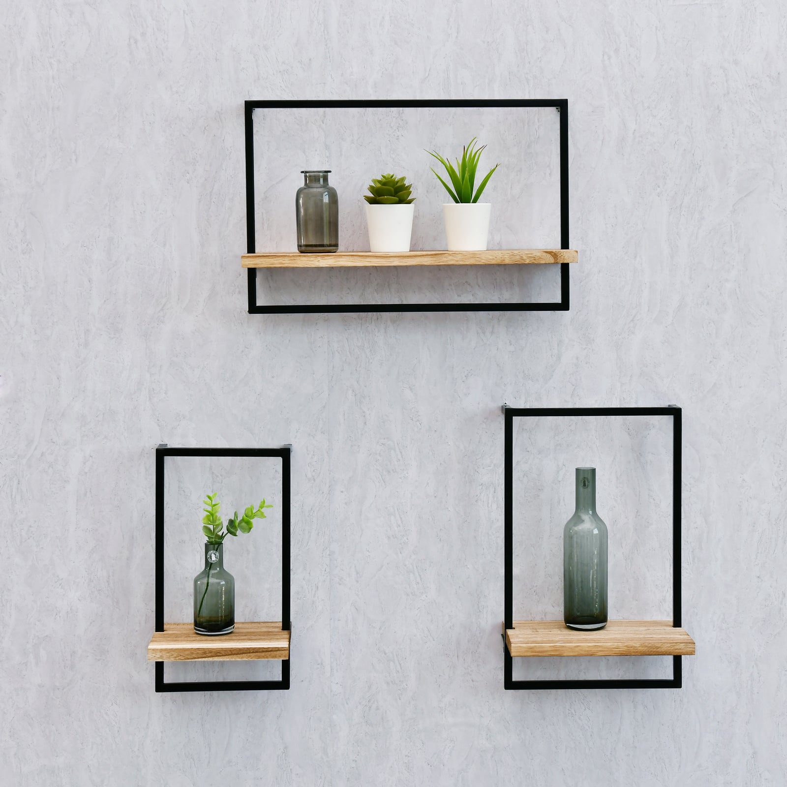 WELLAND 5.5'' Modern Natural Solid Wood Floating Shelves with Metal Frame Wall Mounted Shelf Display, Set of 3 (16