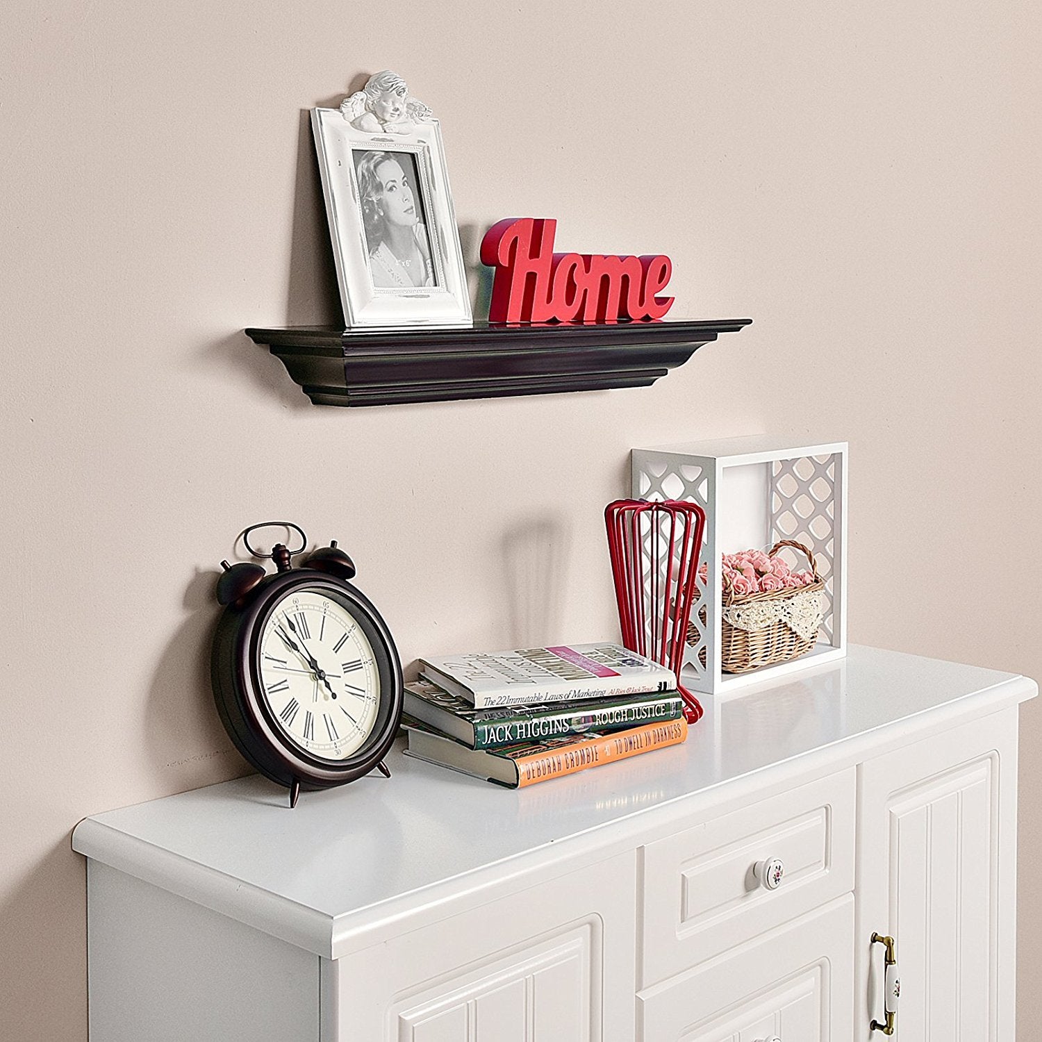 WELLAND Pine Wood Corona Crown Molding Floating Shelf Wall Mounted Shelves Fireplace Mantel Display, 24