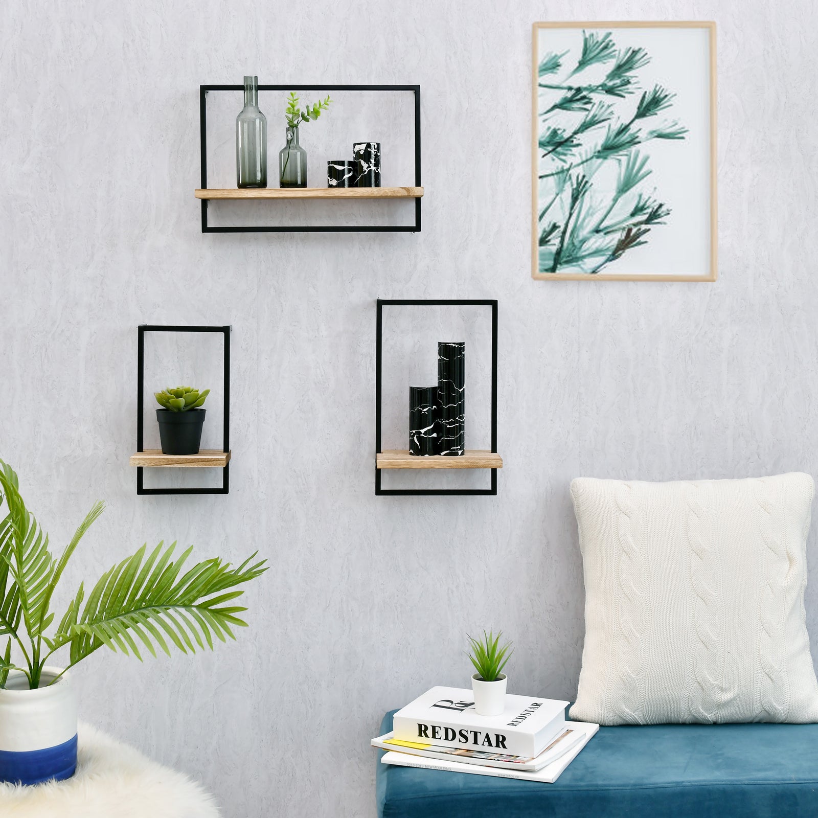 WELLAND 5.5'' Modern Natural Solid Wood Floating Shelves with Metal Frame Wall Mounted Shelf Display, Set of 3 (16