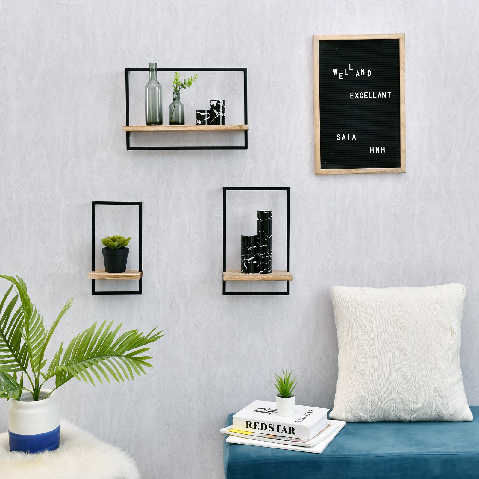 WELLAND 5.5'' Modern Natural Solid Wood Floating Shelves with Metal Frame Wall Mounted Shelf Display, Set of 3 (16