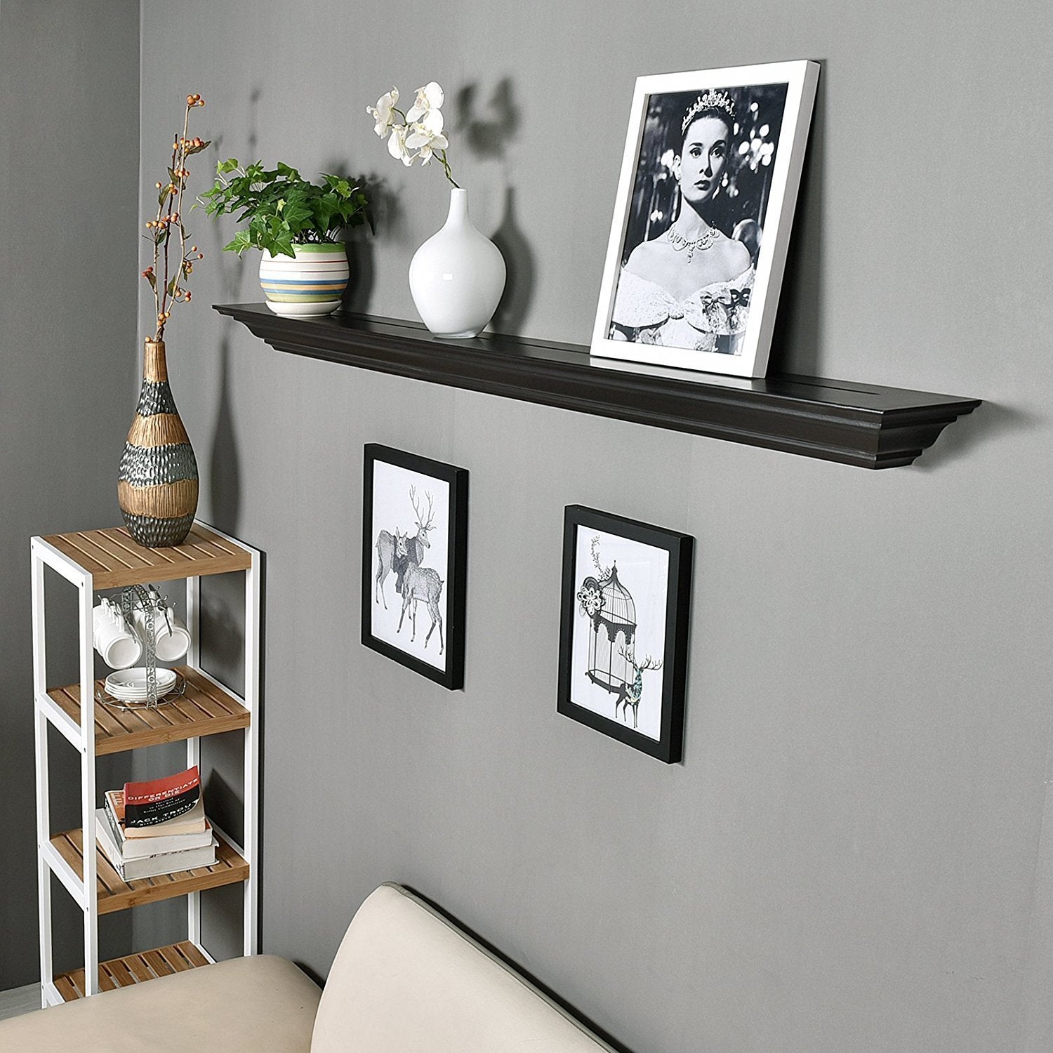 WELLAND Pine Wood Corona Crown Molding Floating Shelf Wall Mounted Shelves Fireplace Mantel Display, 60