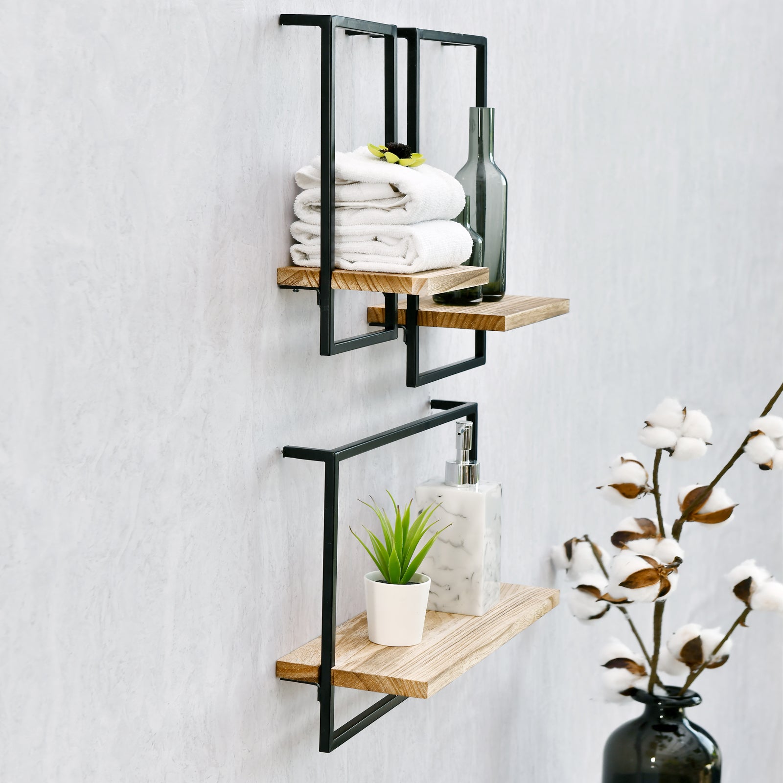 WELLAND 5.5'' Modern Natural Solid Wood Floating Shelves with Metal Frame Wall Mounted Shelf Display, Set of 3 (16