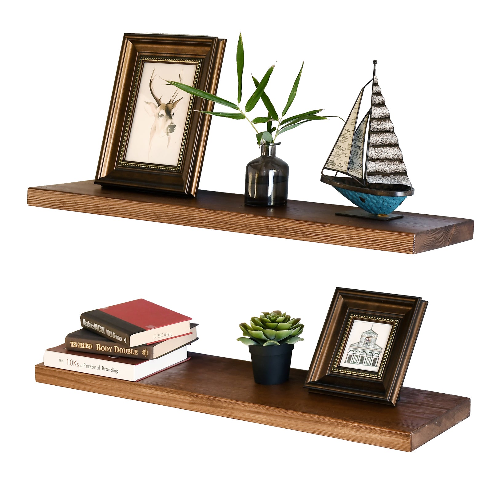 WELLAND Rustic Pine Wood Floating Shelves Wall Mounted Shelf, Set of 2, 8
