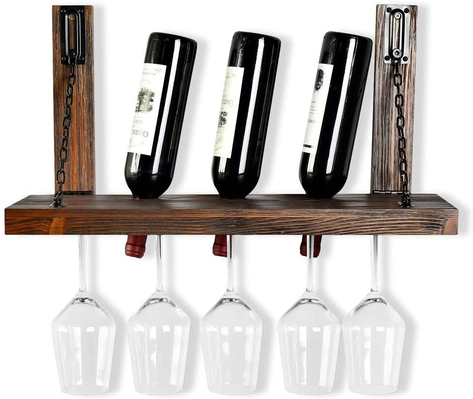 WELLAND Karen Rustic Pine Wood Wall Mounted Wine Racks with Glass Holder Floating Wine Shelf & Glass Rack, 24
