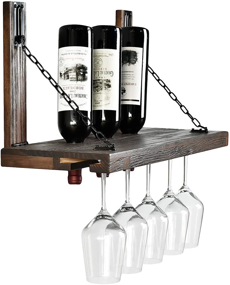 WELLAND Karen Rustic Pine Wood Wall Mounted Wine Racks with Glass Holder Floating Wine Shelf & Glass Rack, 24