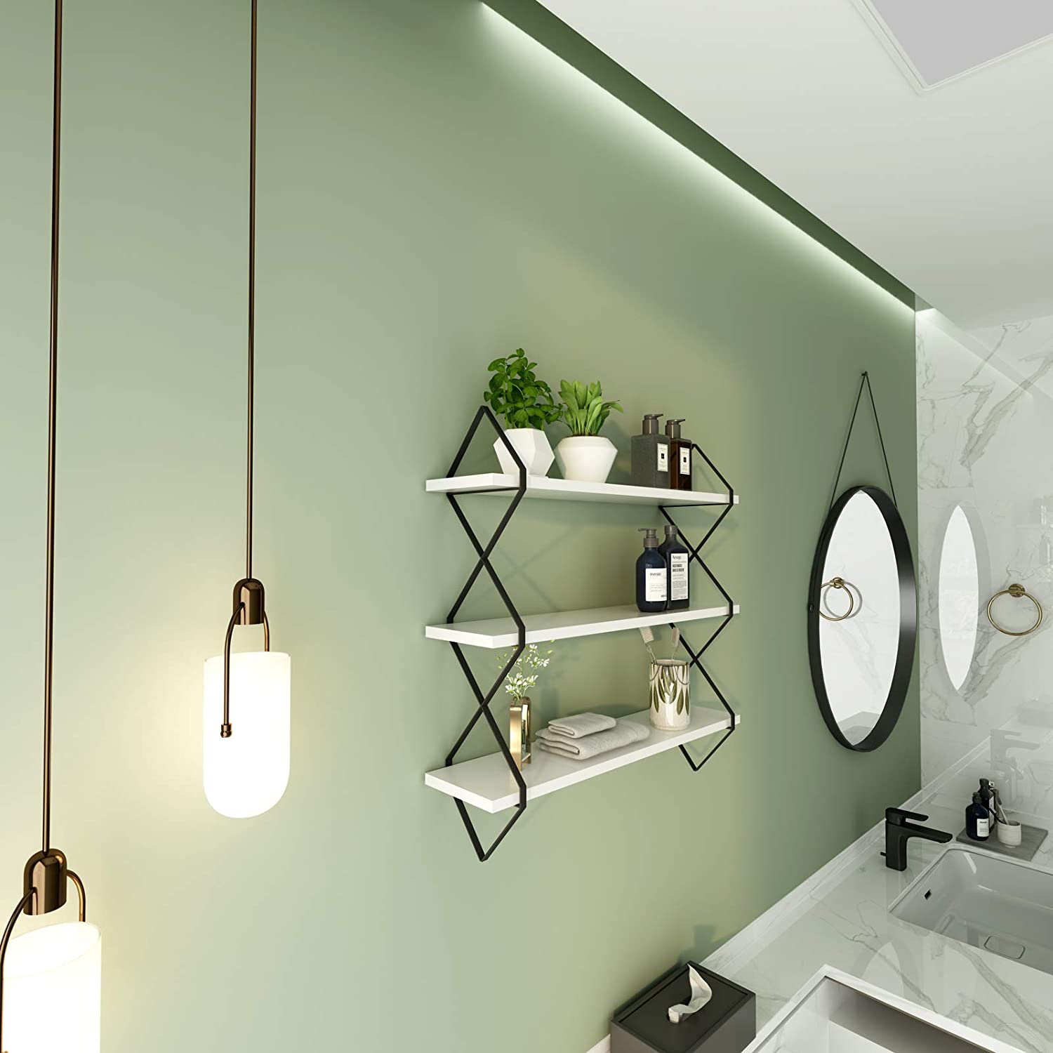 WELLAND 3-Tier Wall Floating Shelves Display Wall Mounted Hanging Shelf with Black Frame, 3.5