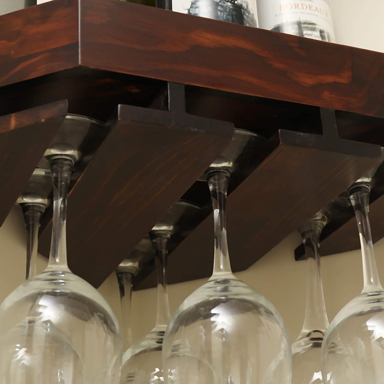 WELLAND Rustic Wood Corner Floating Shelves Wall Mounted Corner Wine Rack with 6 Glass Slot Holder, Set of 2