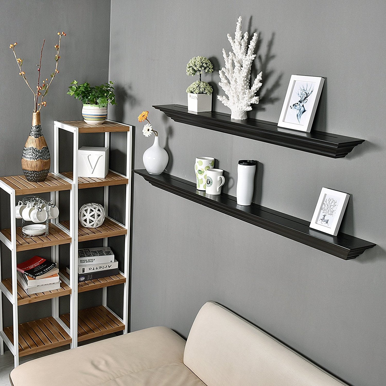 WELLAND Pine Wood Corona Crown Molding Floating Shelf Wall Mounted Shelves Fireplace Mantel Display, 60