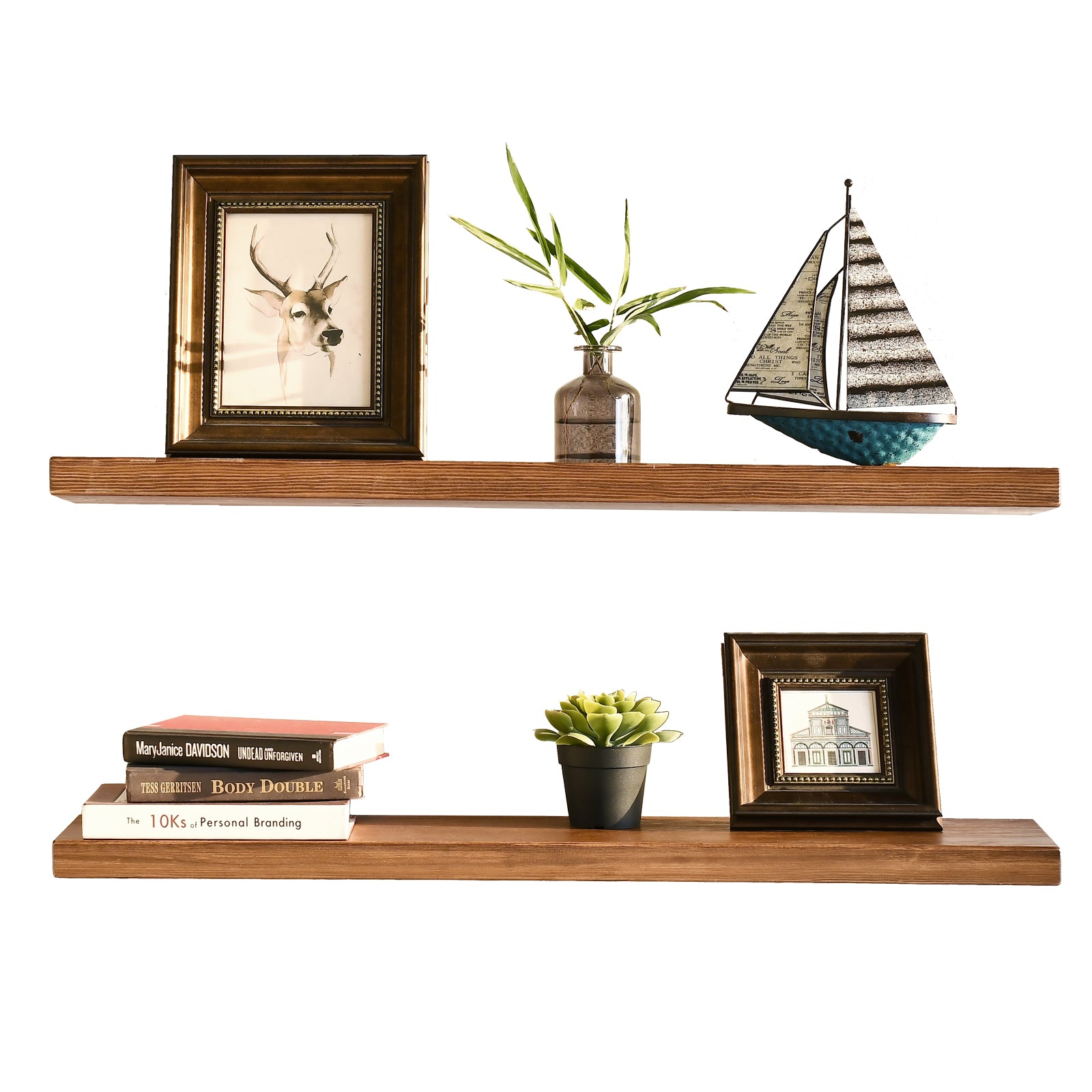 WELLAND Rustic Pine Wood Floating Shelves Wall Mounted Shelf, Set of 2, 8