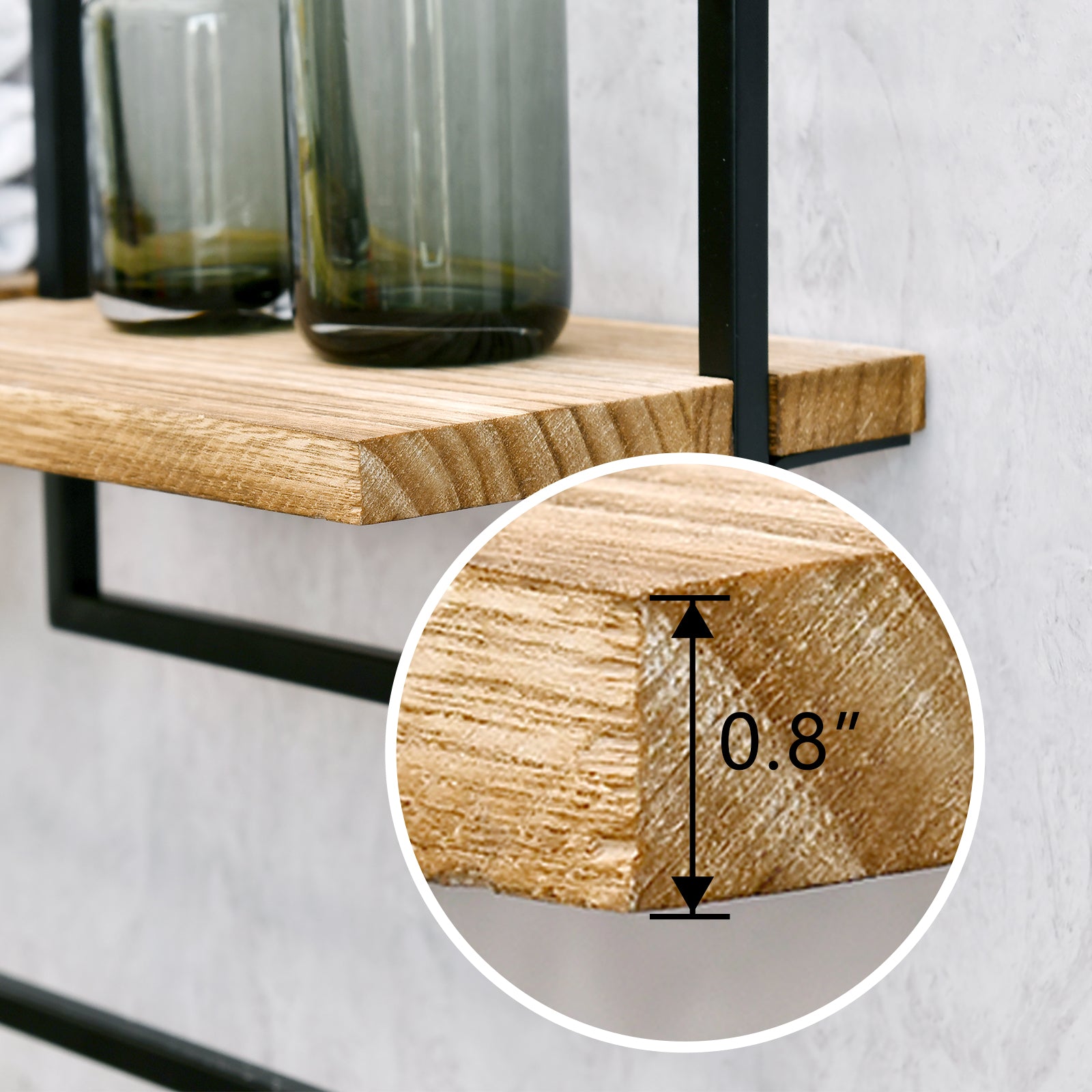 WELLAND 5.5'' Modern Natural Solid Wood Floating Shelves with Metal Frame Wall Mounted Shelf Display, Set of 3 (16