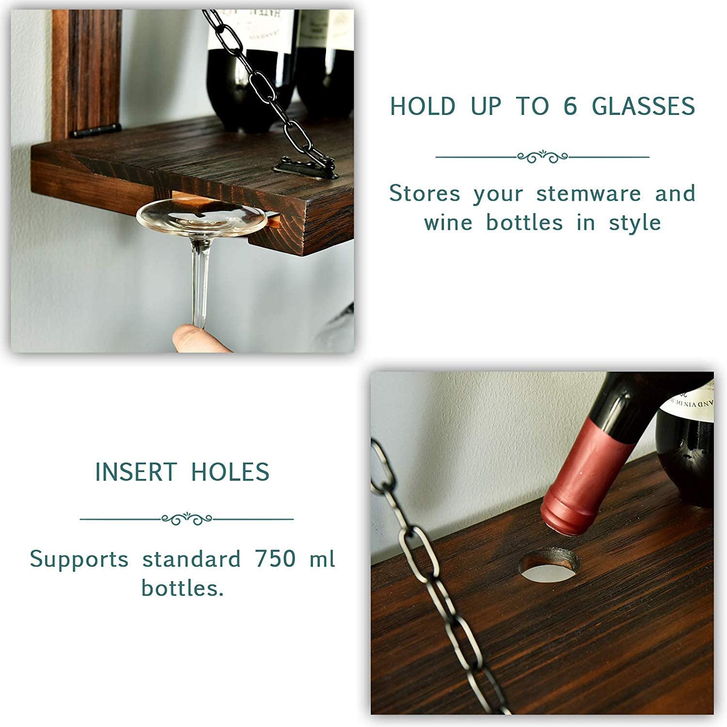 WELLAND Karen Rustic Pine Wood Wall Mounted Wine Racks with Glass Holder Floating Wine Shelf & Glass Rack, 24