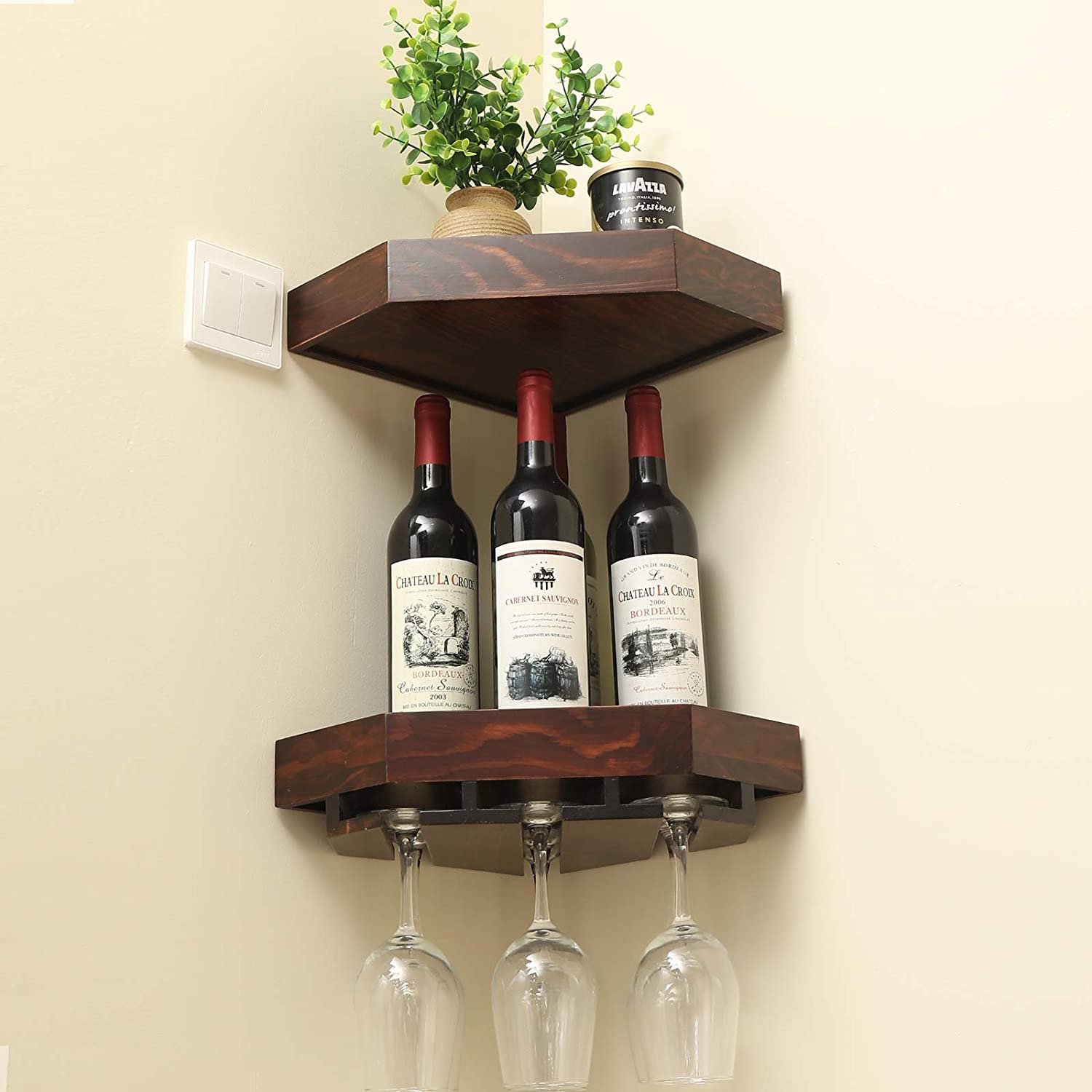 WELLAND Rustic Wood Corner Floating Shelves Wall Mounted Corner Wine Rack with 6 Glass Slot Holder, Set of 2