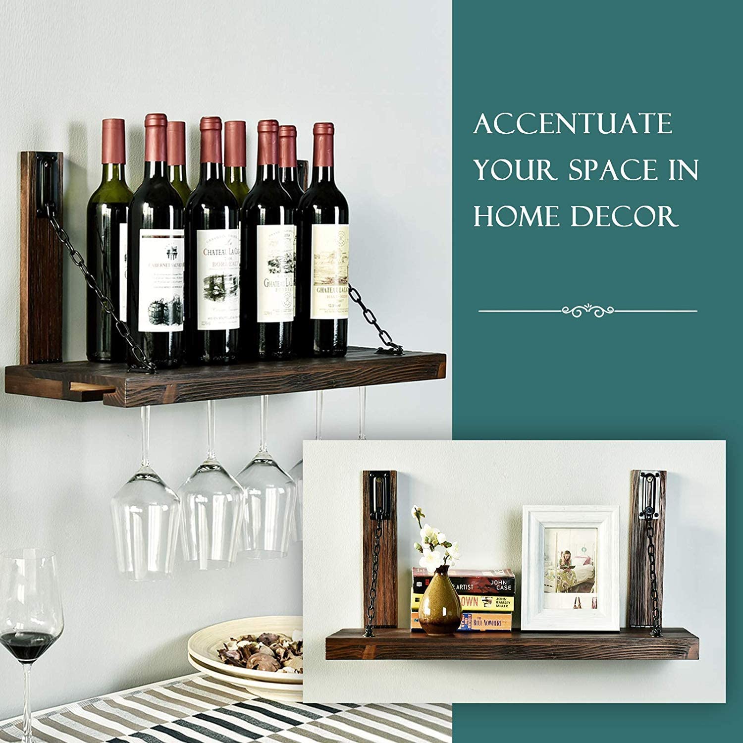 WELLAND Karen Rustic Pine Wood Wall Mounted Wine Racks with Glass Holder Floating Wine Shelf & Glass Rack, 24