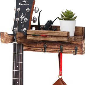 WELLAND Guitar Wall Hanger with Storage Shelf Guitar Wood Hanging Rack for Electric Guitar, Acoustic Guitar, Bass Guitar, Guitar Accessories, 11.8"L x 5.3"W x 3.9"H