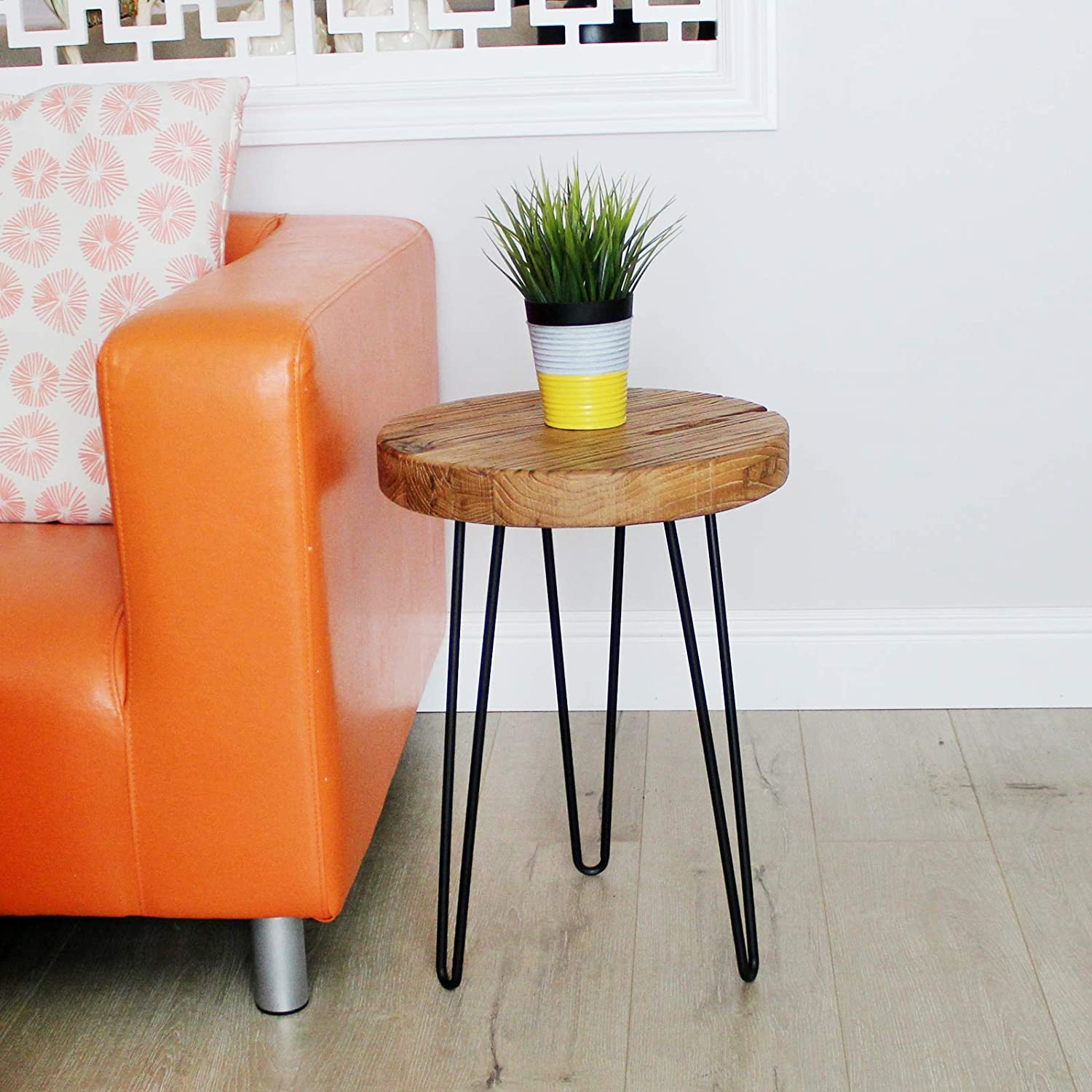 WELLAND Round Old Elm Wood End Table Rustic Surface Side Coffee Table with 3-Leg Metal, 16