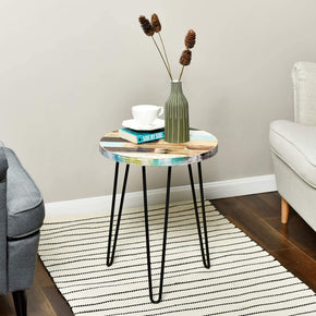 WELLAND Reclaimed Wood Round Side Table Nightstand End Table with Hairpin Legs, Recycled Boat Wood, 16"L x 16"W x 20"H