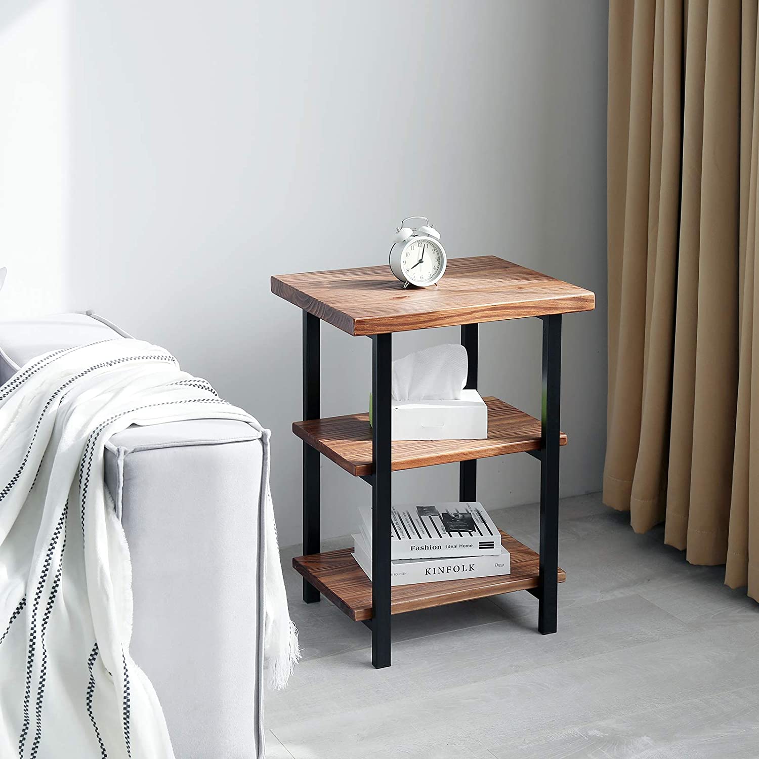 WELLAND 3-Tier Solid Pinewood Side Table Rustic Wood End Table Coffee Table, 20“W x 15”D x 27“H