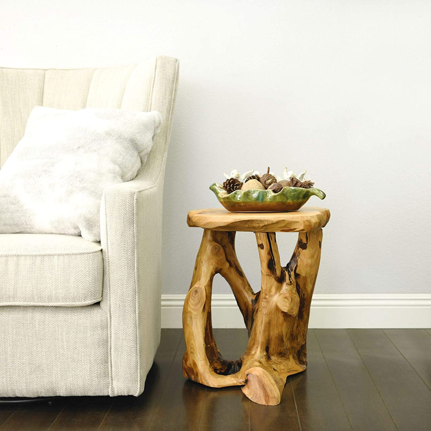 WELLAND Tree Stump Nightstand Side Table, Live Edge Stool, Natural Edge Wood End Table, Accent Table, 19