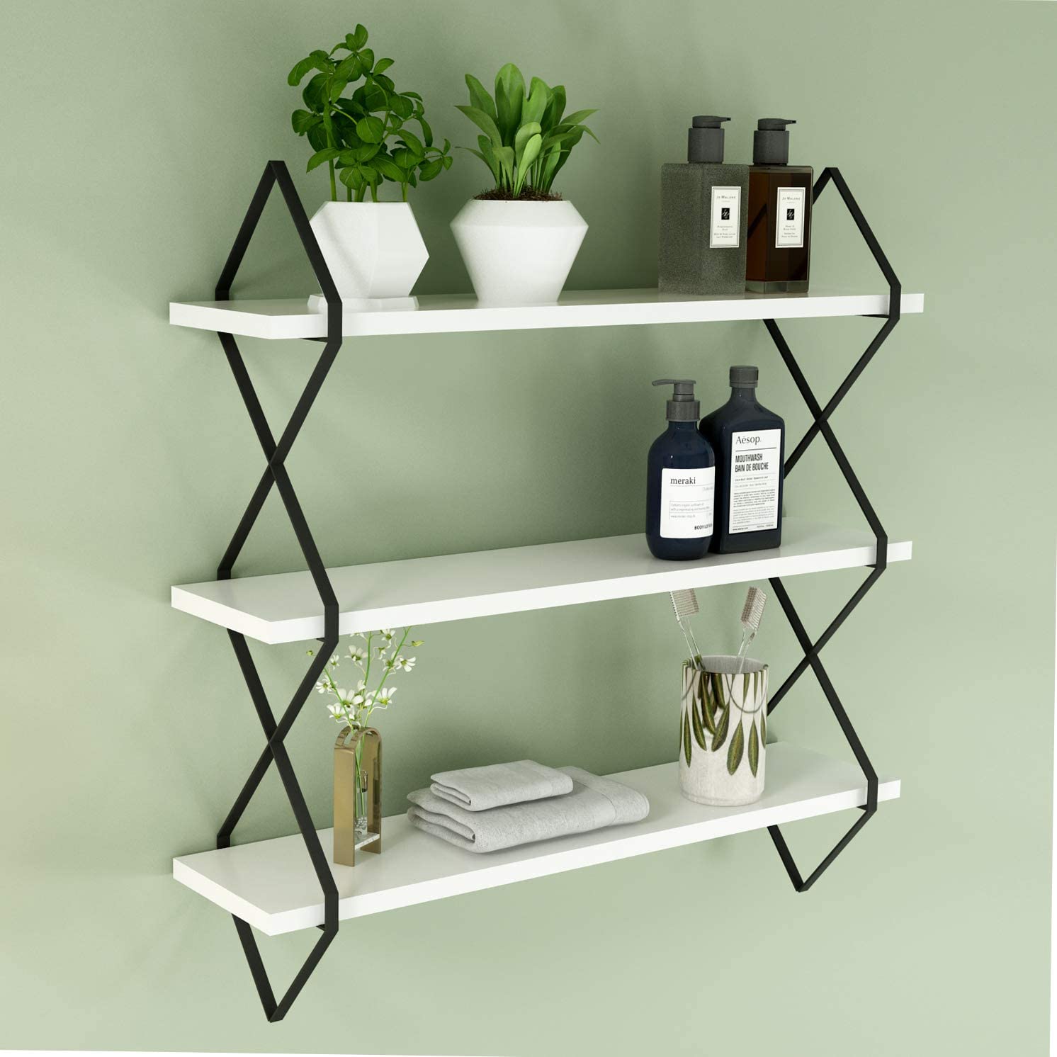 WELLAND 3-Tier Wall Floating Shelves Display Wall Mounted Hanging Shelf with Black Frame, 3.5