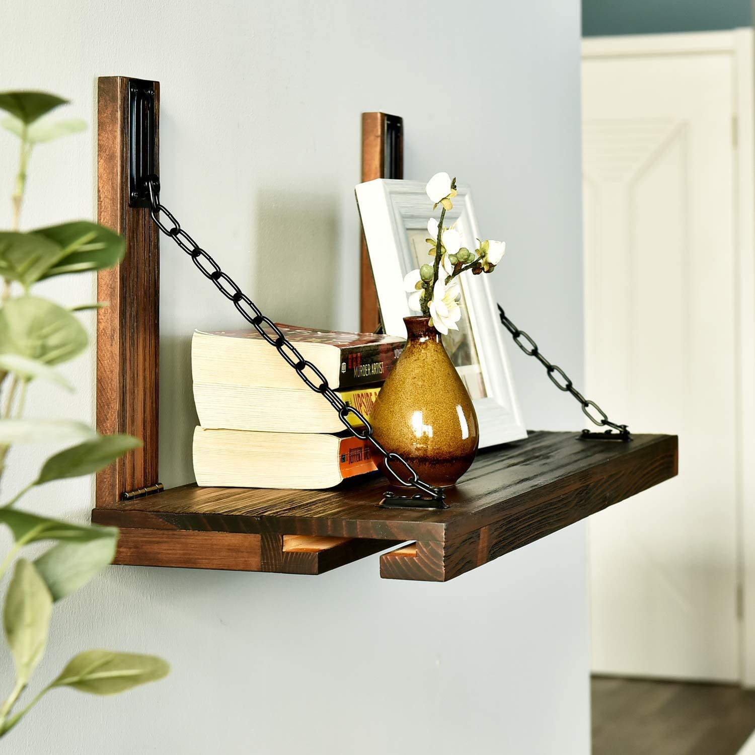 WELLAND Karen Rustic Pine Wood Wall Mounted Wine Racks with Glass Holder Floating Wine Shelf & Glass Rack, 24