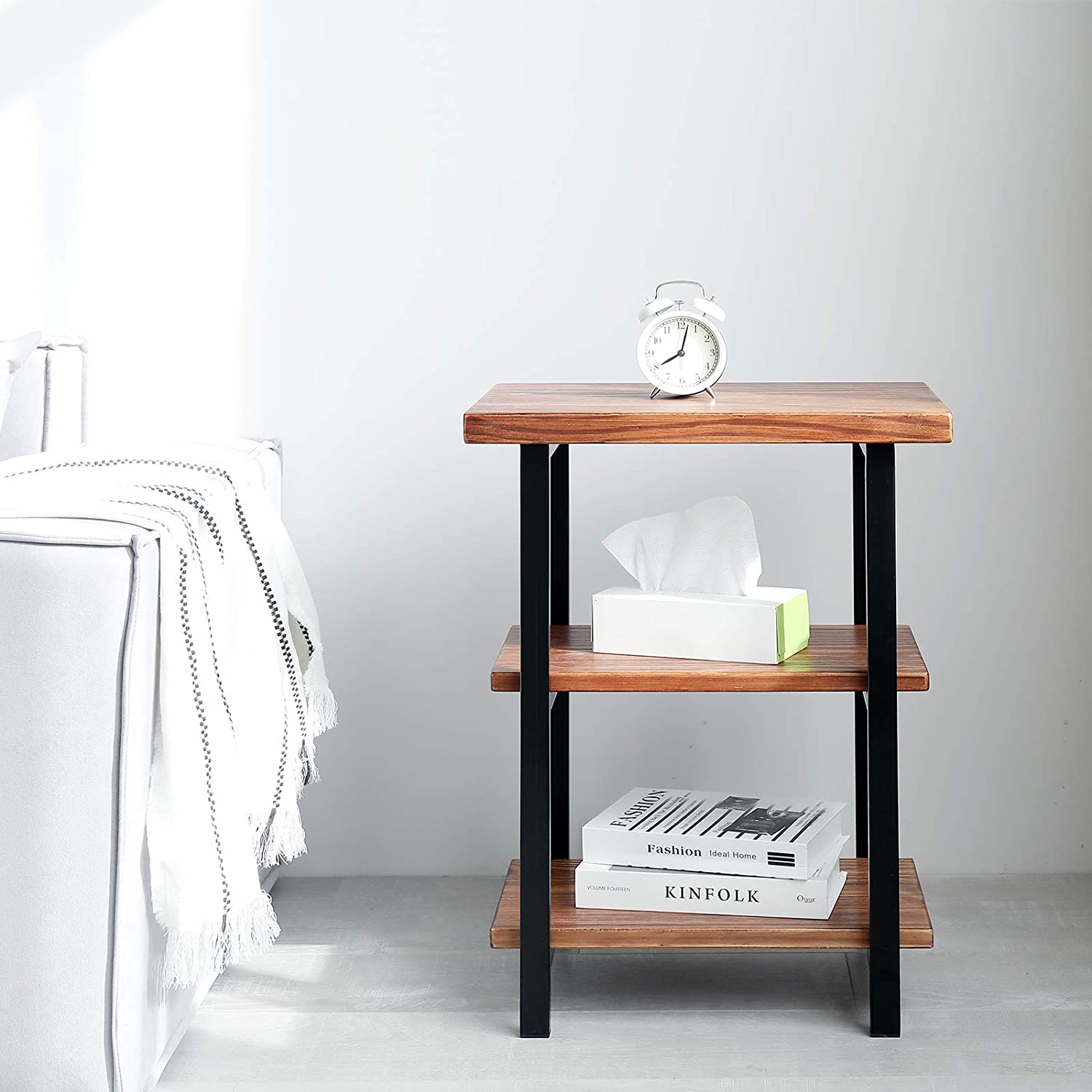 WELLAND 3-Tier Solid Pinewood Side Table Rustic Wood End Table Coffee Table, 20“W x 15”D x 27“H