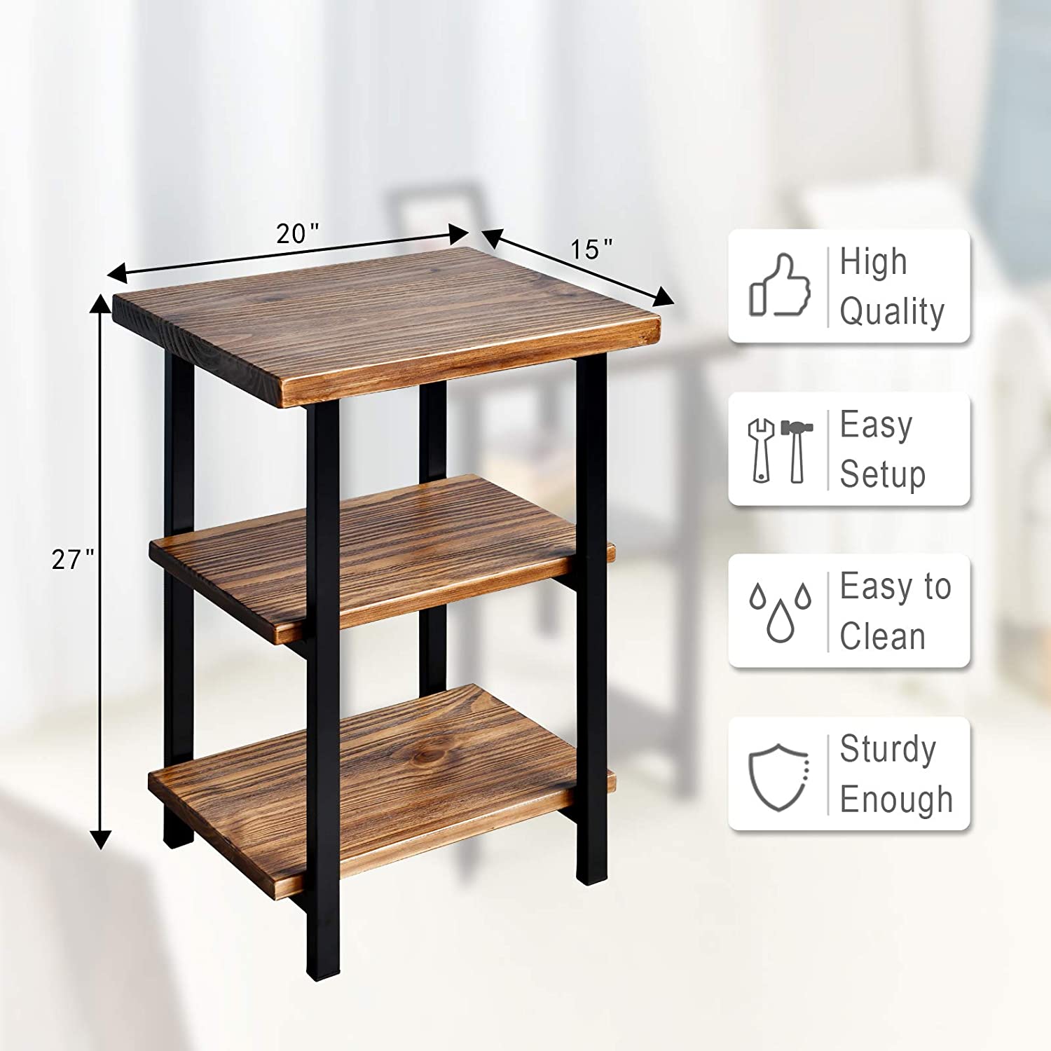 WELLAND 3-Tier Solid Pinewood Side Table Rustic Wood End Table Coffee Table, 20“W x 15”D x 27“H