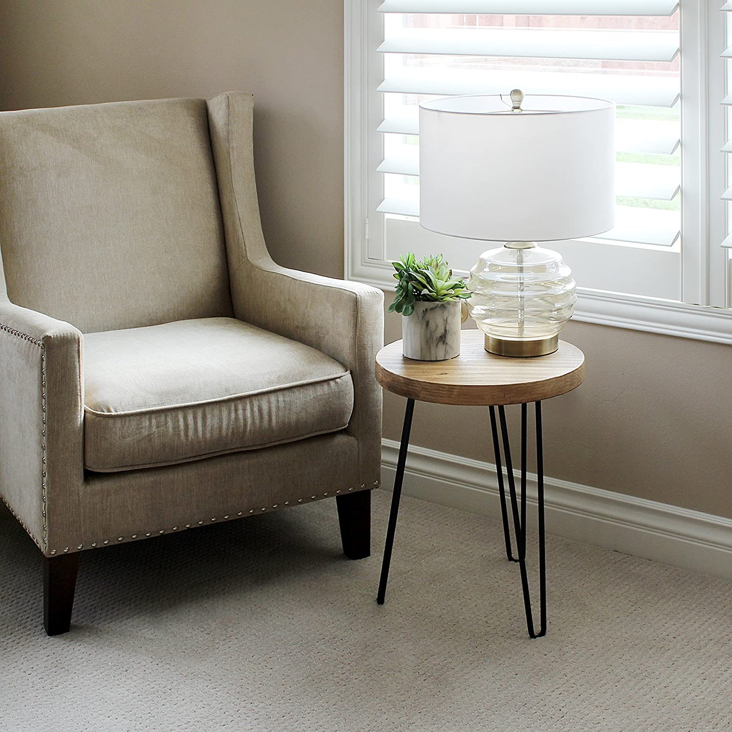 WELLAND Round Old Elm Wood End Table Rustic Surface Side Coffee Table with 3-Leg Metal, 16