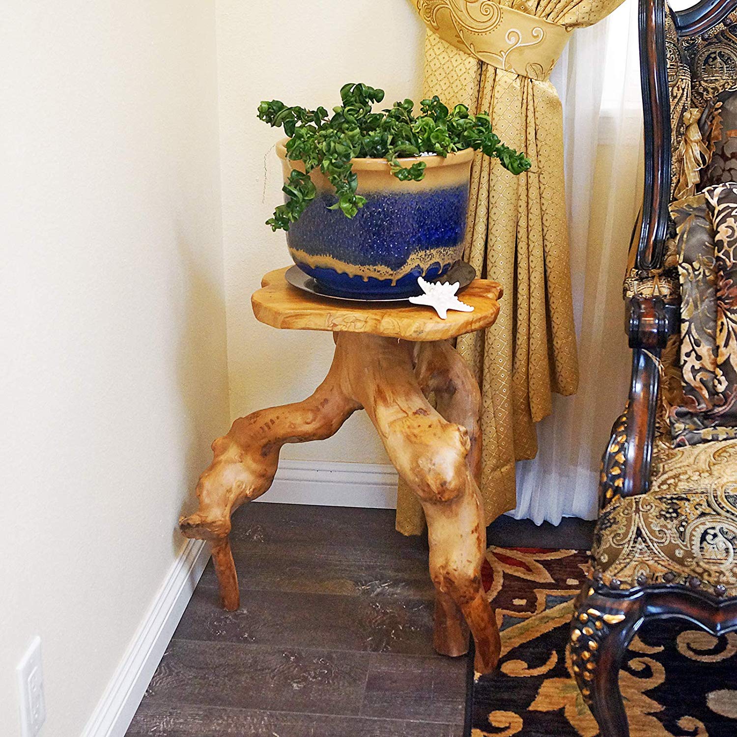 WELLAND Tree Stump Nightstand Side Table, Live Edge Stool, Natural Edge Wood End Table, Accent Table, 19