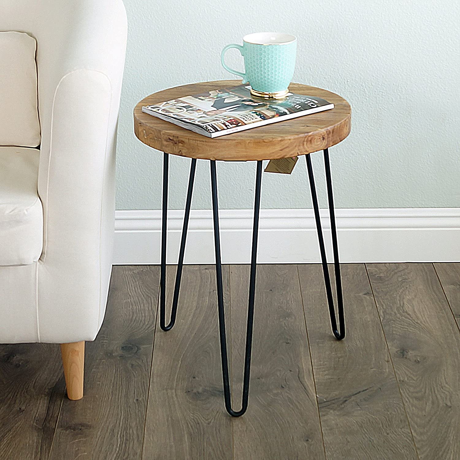 WELLAND Round Old Elm Wood End Table Rustic Surface Side Coffee Table with 3-Leg Metal, 16