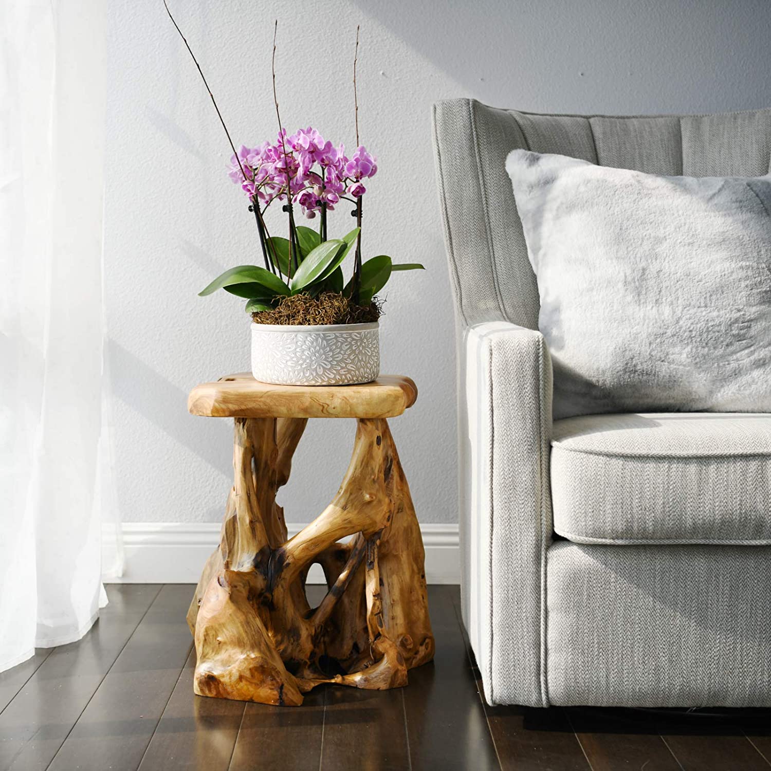 WELLAND Tree Stump Nightstand Side Table, Live Edge Stool, Natural Edge Wood End Table, Accent Table, 19