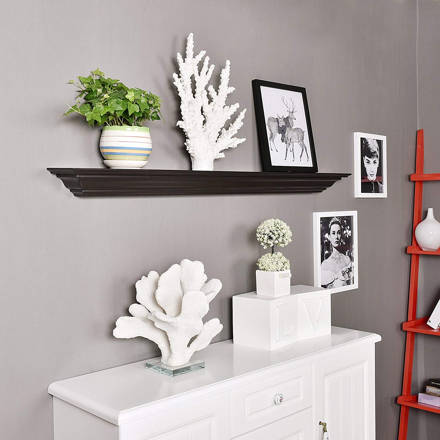 WELLAND Pine Wood Corona Crown Molding  Floating Shelf Wall Mounted Shelves Fireplace Mantel Display, 48