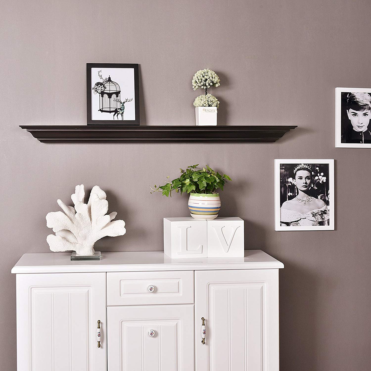 WELLAND Pine Wood Corona Crown Molding Floating Shelf Wall Mounted Shelves Fireplace Mantel Display, 36