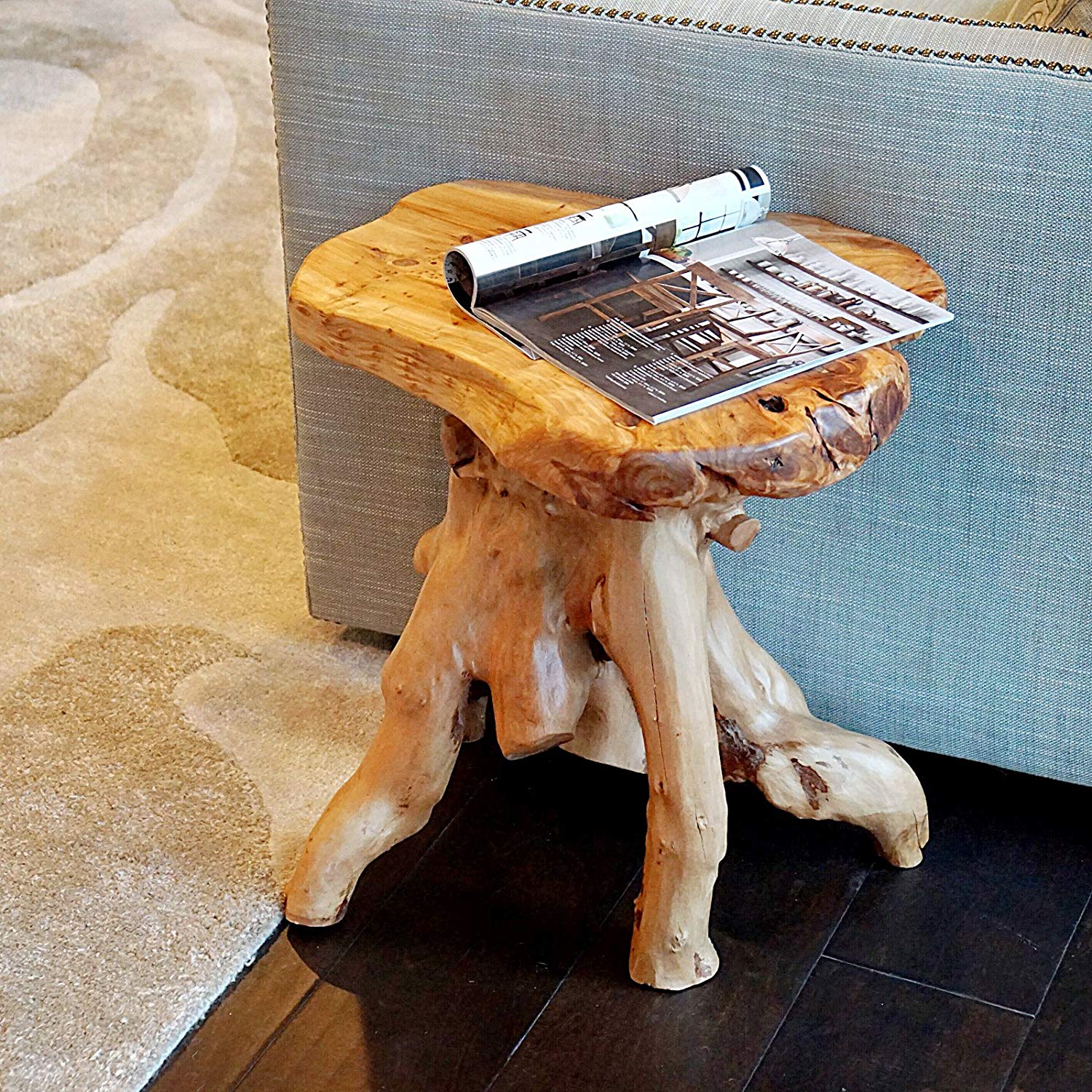 WELLAND Tree Stump Nightstand Side Table, Live Edge Stool, Natural Edge Wood End Table, Accent Table, 19
