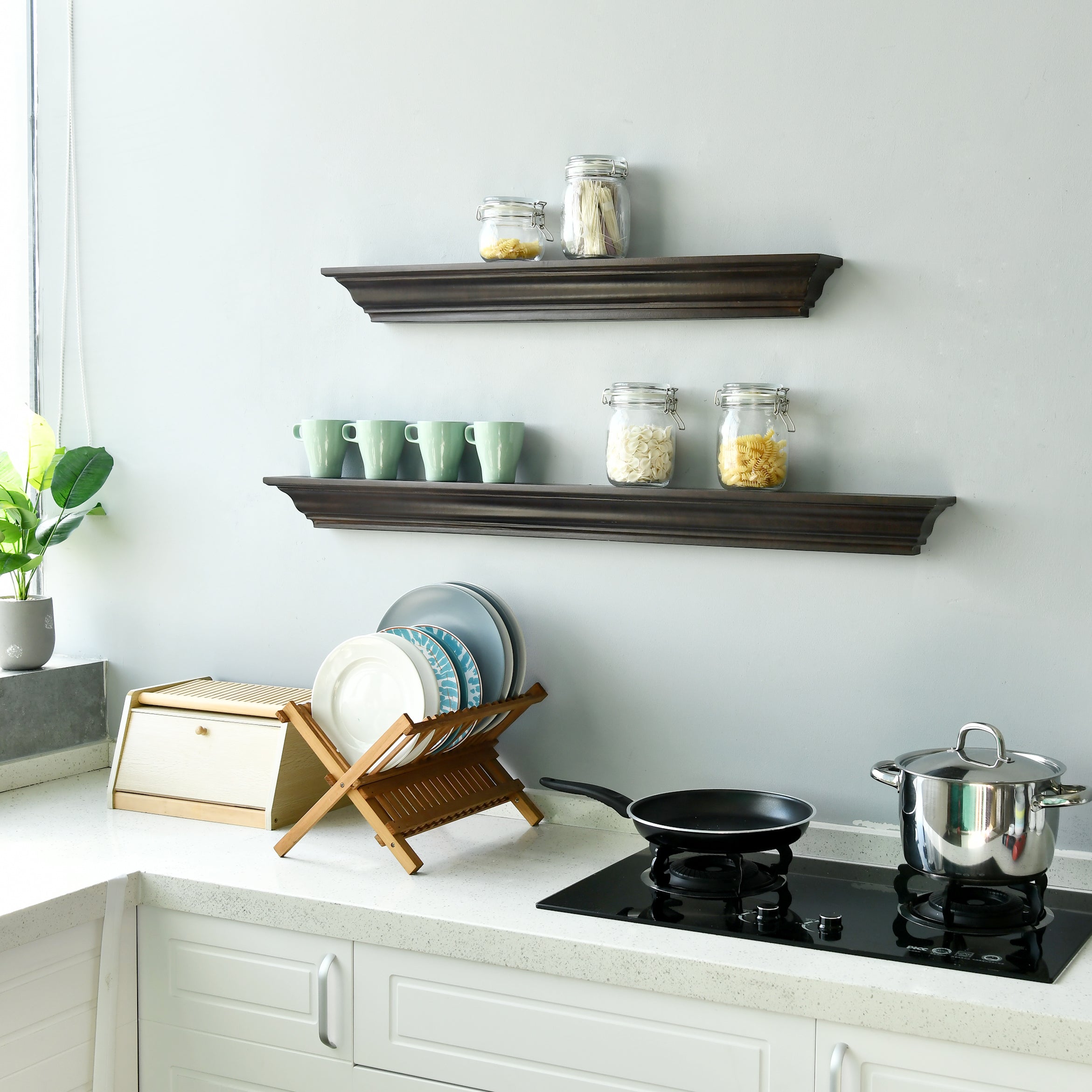 WELLAND Pine Wood Corona Crown Molding Floating Shelf Wall Mounted Shelves Fireplace Mantel Display, 36