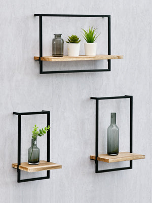 WELLAND 5.5'' Modern Natural Solid Wood Floating Shelves with Metal Frame Wall Mounted Shelf Display, Set of 3 (16