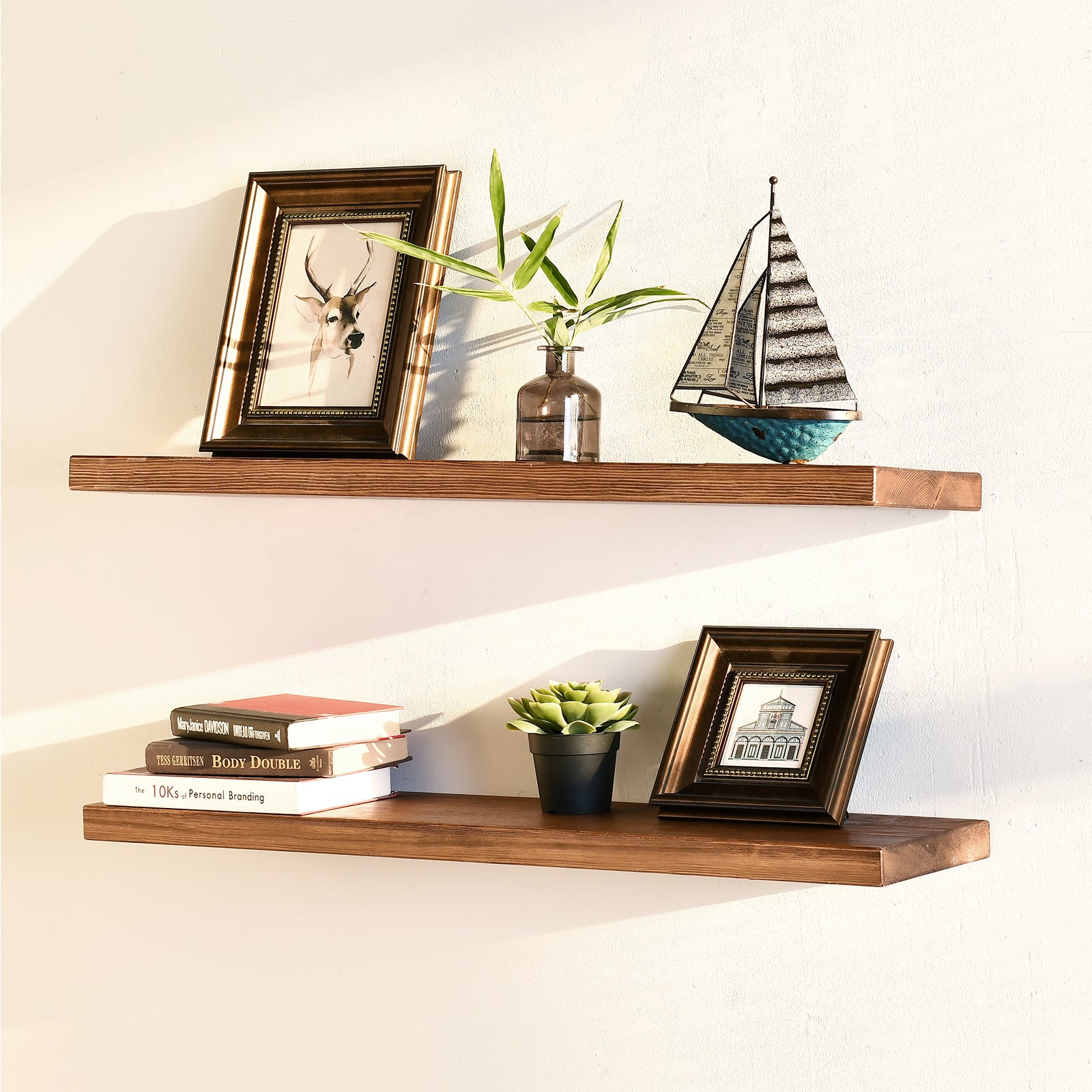WELLAND Rustic Pine Wood Floating Shelves Wall Mounted Shelf, Set of 2, 8