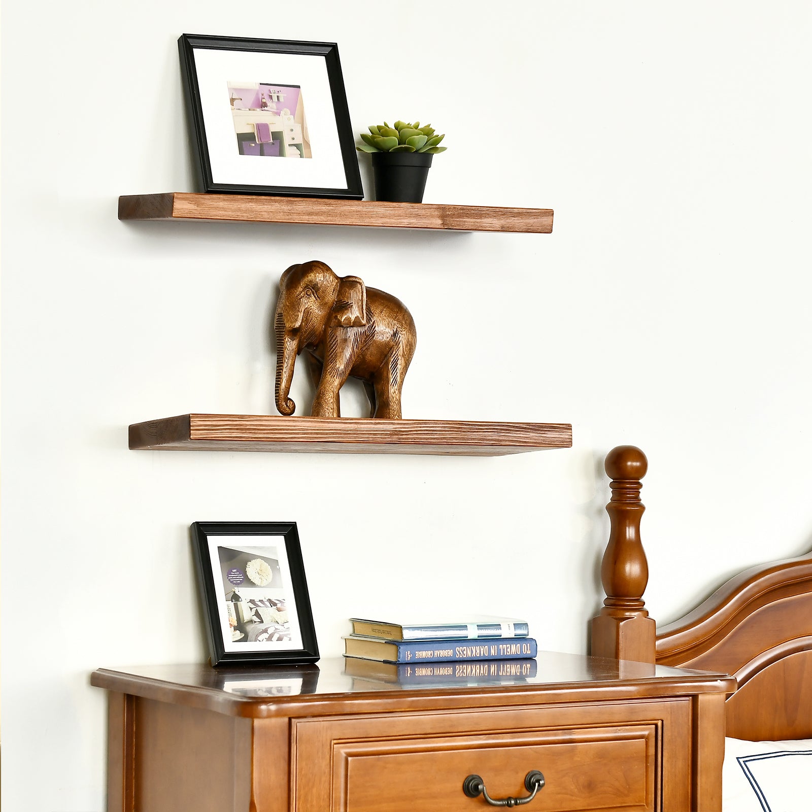 WELLAND Rustic Pine Wood Floating Shelves Wall Mounted Shelf, Set of 2, 8
