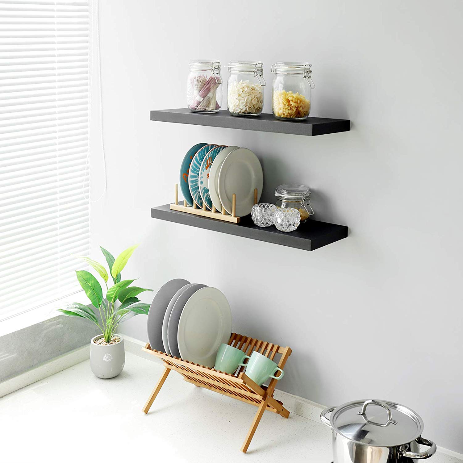 WELLAND Simons Floating Shelf Wood Modern Wall Mounted Display Shelves, Set of 2, 24
