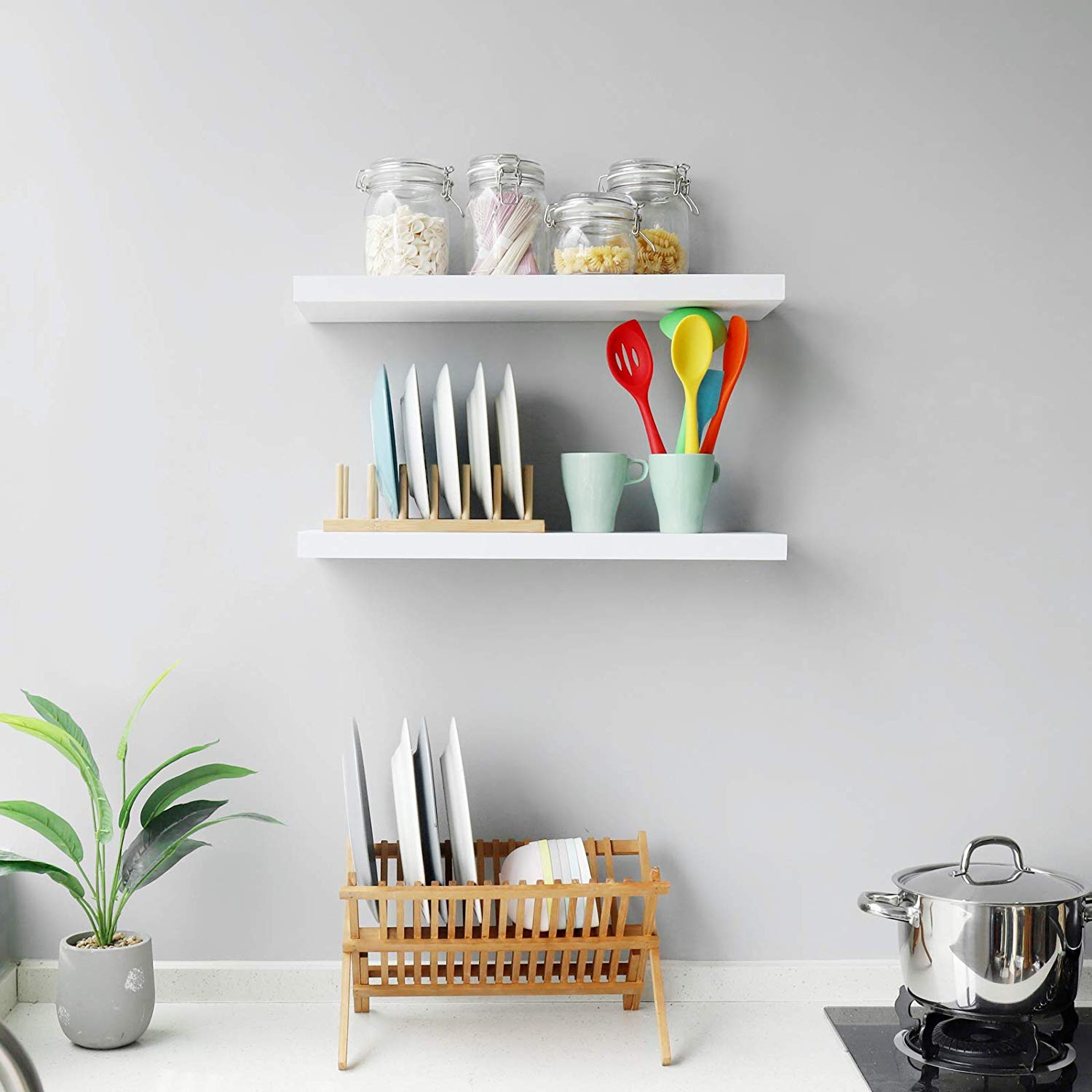 WELLAND Simons Floating Shelf Wood Modern Wall Mounted Display Shelves, Set of 2, 24