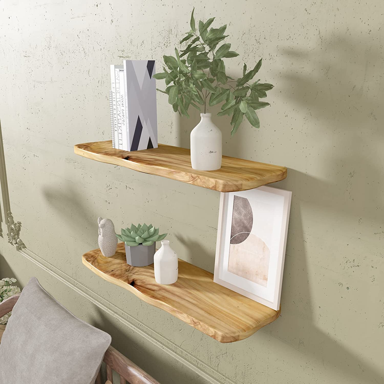 WELLAND 16 Inches Natural Cedar Wood Edge Display Floating Shelf Corner Shelves, Set of 2 (15.74