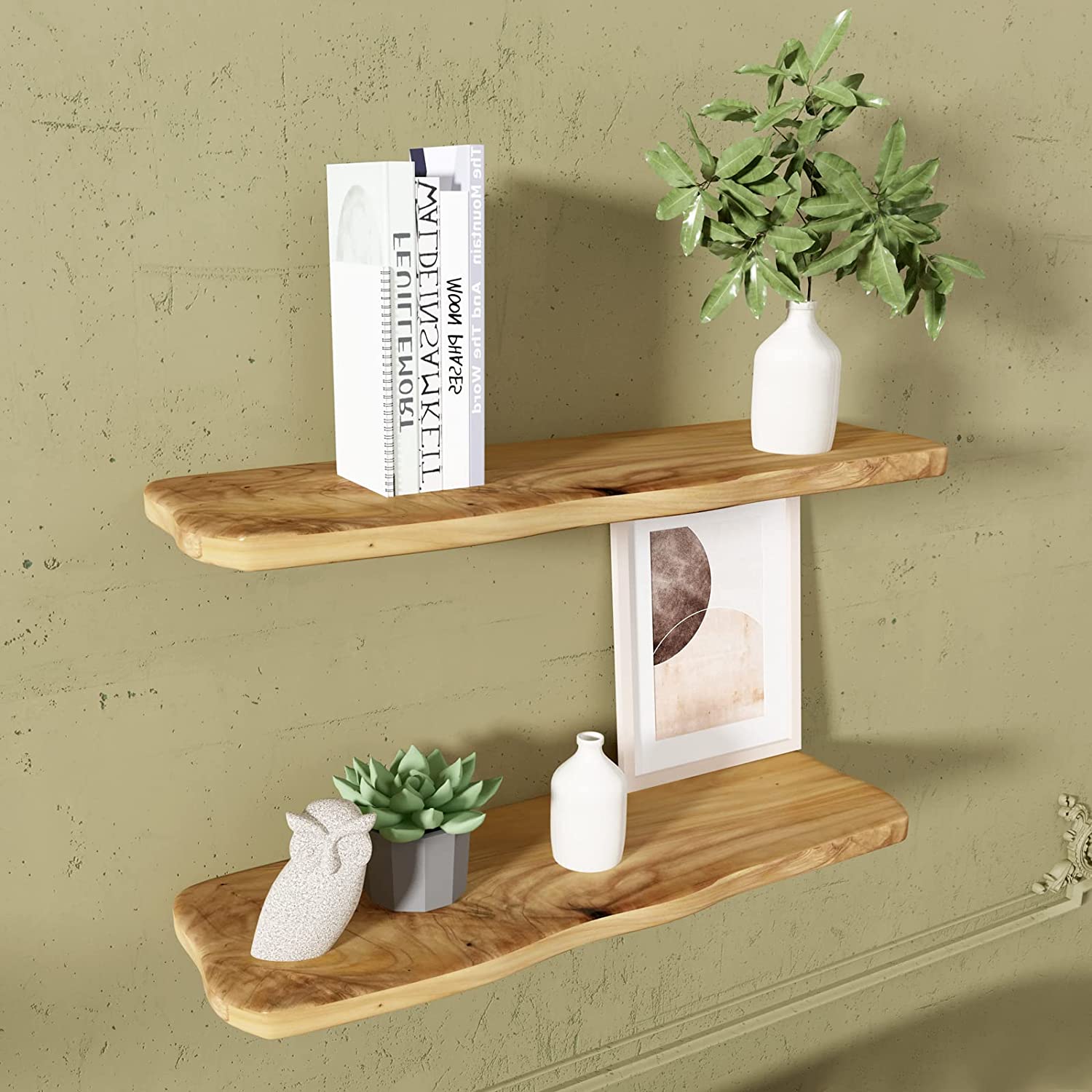 WELLAND 16 Inches Natural Cedar Wood Edge Display Floating Shelf Corner Shelves, Set of 2 (15.74