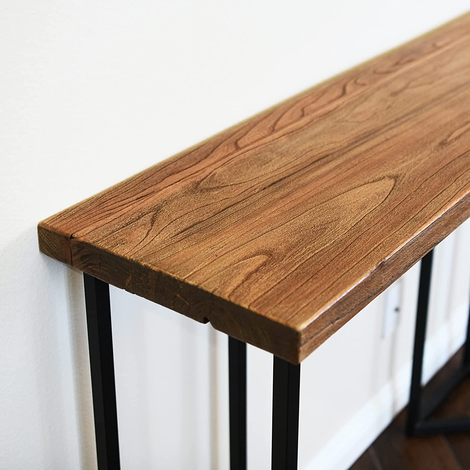 WELLAND Old Elm Wood Entryway Bench, End Bench Table Side Bench with Trapezoid Legs, 32