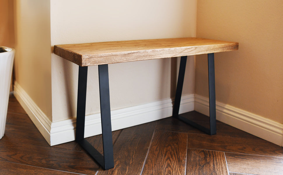 WELLAND Old Elm Wood Entryway Bench, End Bench Table Side Bench with Trapezoid Legs, 32